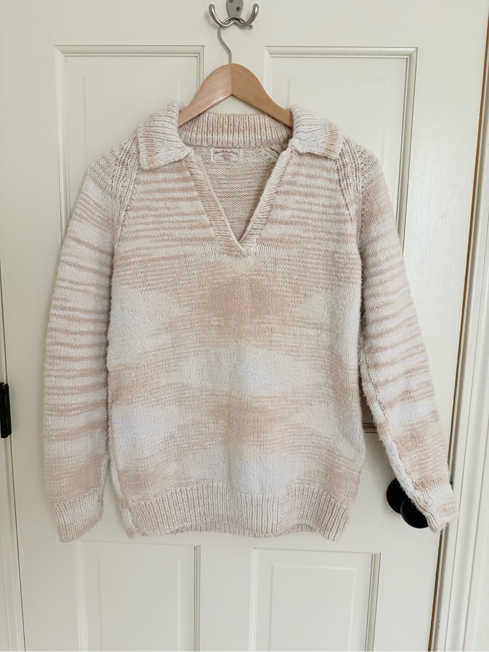 Handmade Wool Sweater Womens Cream Blush Striped Collared Pullover Cottagecore